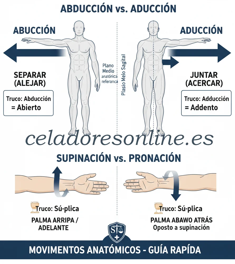 Movimientos anat贸micos y terminolog铆a de direcci贸n. Infograf铆a comparativa de movimientos anat贸micos: abducci贸n vs aducci贸n y supinaci贸n vs pronaci贸n sobre un modelo humano en posici贸n anat贸mica.