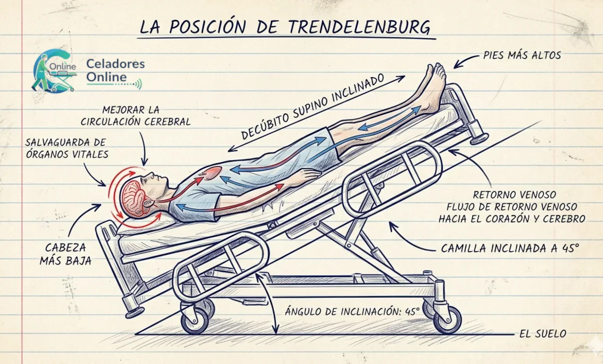 La posición de trendelenburg es una posición corporal quirúrgica en el que el paciente está en posición decubito supino con una inclinación de 45 grados con los pies más altos que la cabeza para favorecer el riego sanguíneo al cerebro.