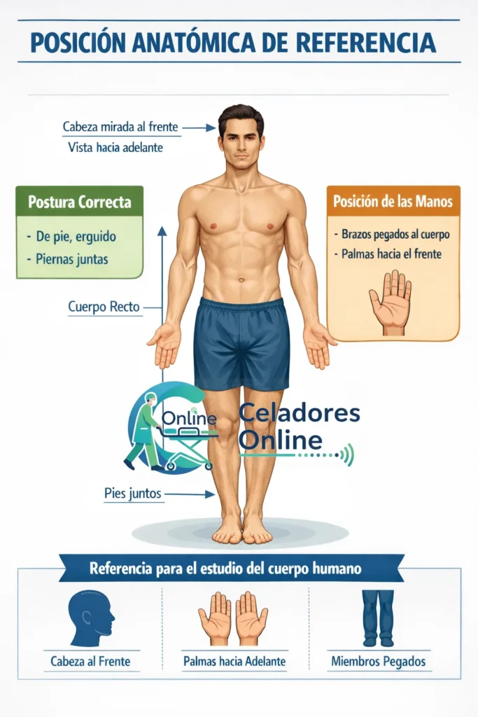 Posición Anatómica de Referencia. Definición y Características de la Postura. Para que la descripción anatómica sea precisa, el sujeto debe cumplir con una serie de requisitos físicos específicos que definen esta posición de control. Estado del sujeto: El individuo debe permanecer en bipedestación, es decir, mantenerse erguido. Disposición de los miembros: Tanto los miembros superiores como los inferiores se mantienen pegados al cuerpo. Orientación de las manos: Las palmas de las manos deben estar mirando hacia el frente. Uso principal: Esta postura se establece como la posición de referencia obligatoria para describir y estudiar todas las estructuras corporales.