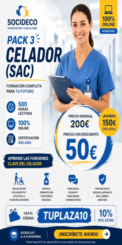 PACK 3 – CELADOR (SAC)
Prepárate para ampliar tus conocimientos y mejorar tus oportunidades profesionales con una formación online adaptada a tu ritmo.
Con el PACK 3 – CELADOR (SAC) aprenderás funciones clave relacionadas con la atención sanitaria, la movilización de pacientes, la atención al usuario y la prevención de riesgos laborales.
Precio original: 200€.
Precio con descuento: 50€.
Usa el código TUPLAZA10 y aprovecha esta promoción.
✅ 500 horas lectivas
✅ 100% online
✅ Acceso 24/7 a la plataforma
✅ Certificación incluida
✅ Formación flexible y práctica
👉 Tu plaza empieza con una buena formación.
#SOCIDECO #TUPLAZA10 #Pack3Celador #CursoCelador #Celador #FormaciónSanitaria #FormaciónOnline #EmpleoSanitario #Sanidad #CursosSOCIDECO #AprendeConSOCIDECO