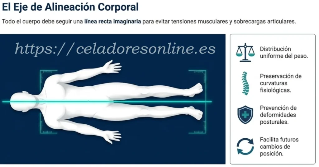 Alineación corporal. Todo el cuerpo debe mantenerse siguiendo una línea recta imaginaria desde la cabeza hasta los pies, evitando desviaciones que puedan generar tensiones musculares o sobrecargas articulares.